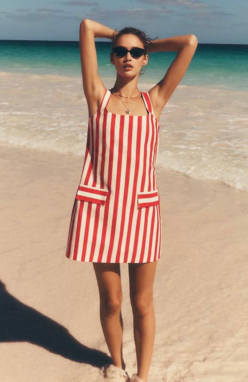 Anthropologie Maeve Square-Neck Red/Ivory 
 Striped Shift Dress Size Large
